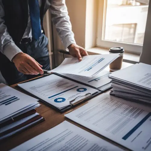 Notar prüft Geschäftsunterlagen und Vermögensdokumente am Schreibtisch