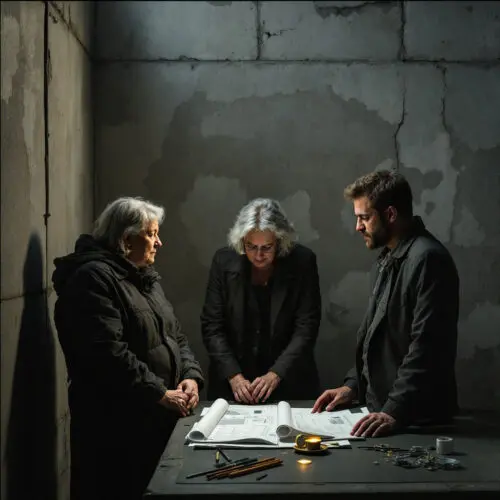 Schweres Kellergewölbe mit drei Personen, Bauplänen, Euro-Münze und feuchter, schimmelnder Wand im Konflikt um Eigentumsentscheidung.