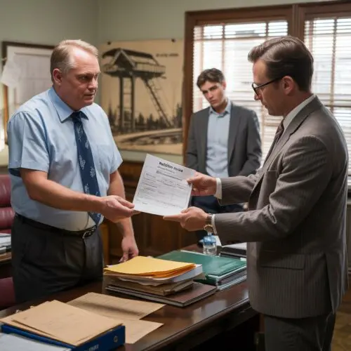 Grundbuchamt übergibt Ablehnungsbescheid an Notar, im Hintergrund wartet Grundstückseigentümer