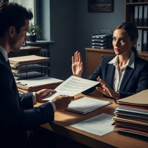 Eine Frau lehnt im Büro ein vom Mann vorgelegtes Dokument zur eGbR-Grundbuchberichtigung ab, was das rechtliche Scheitern ohne Registereintragung widerspiegelt.