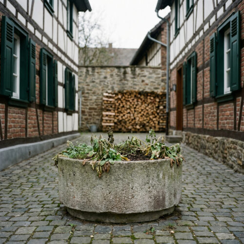Ein massiver Betonkübel versperrt unnachgiebig den schmalen gepflasterten Pfad zu einem Stapel Brennholz.