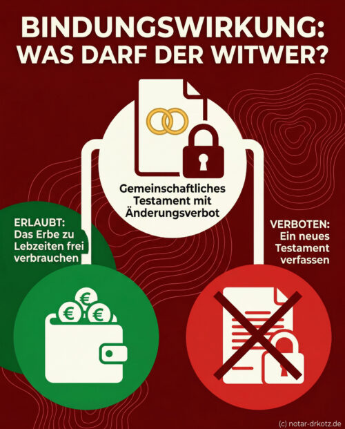 Infografik zum Testament: Erlaubter Verbrauch des Erbes vs. verbotene Änderung der Erbfolge durch Bindungswirkung.