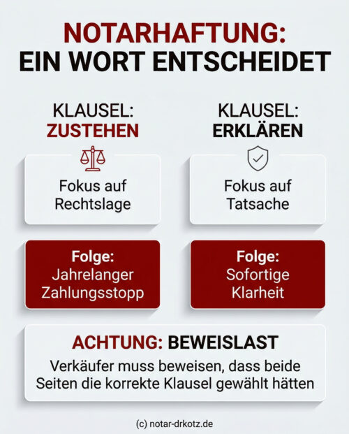 Infografik zur Notarhaftung: Gegenüberstellung der Vorkaufsrecht-Klauseln 'zustehen' (Zahlungsstopp) vs. 'erklären' (Klarheit).