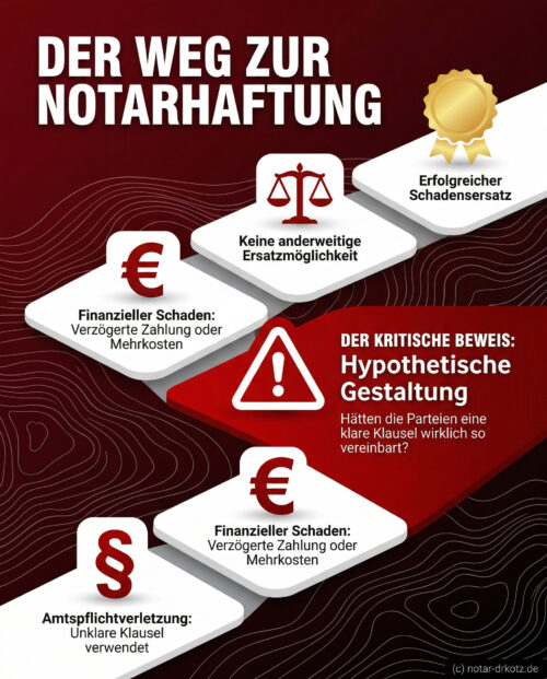 Infografik zum Weg der Notarhaftung: Von der unklaren Klausel bis zum Beweis der hypothetischen Vertragsgestaltung.