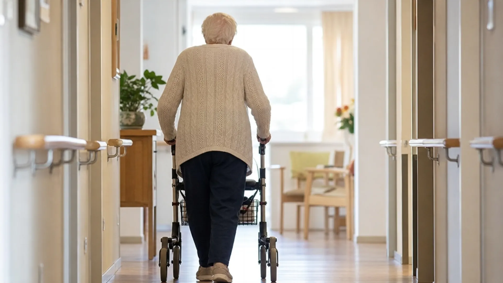 Ältere Person mit Rollator geht einen langen Flur entlang, im Hintergrund ein heller Raum mit Fenster, Möbeln und Pflanzen.